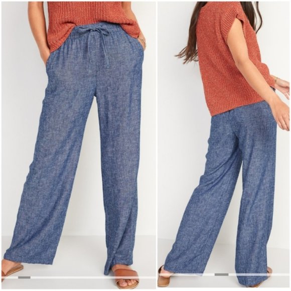 Old Navy Pants - Old Navy Linen Mix Chambray Drawstring Waist Wide Legged Pants